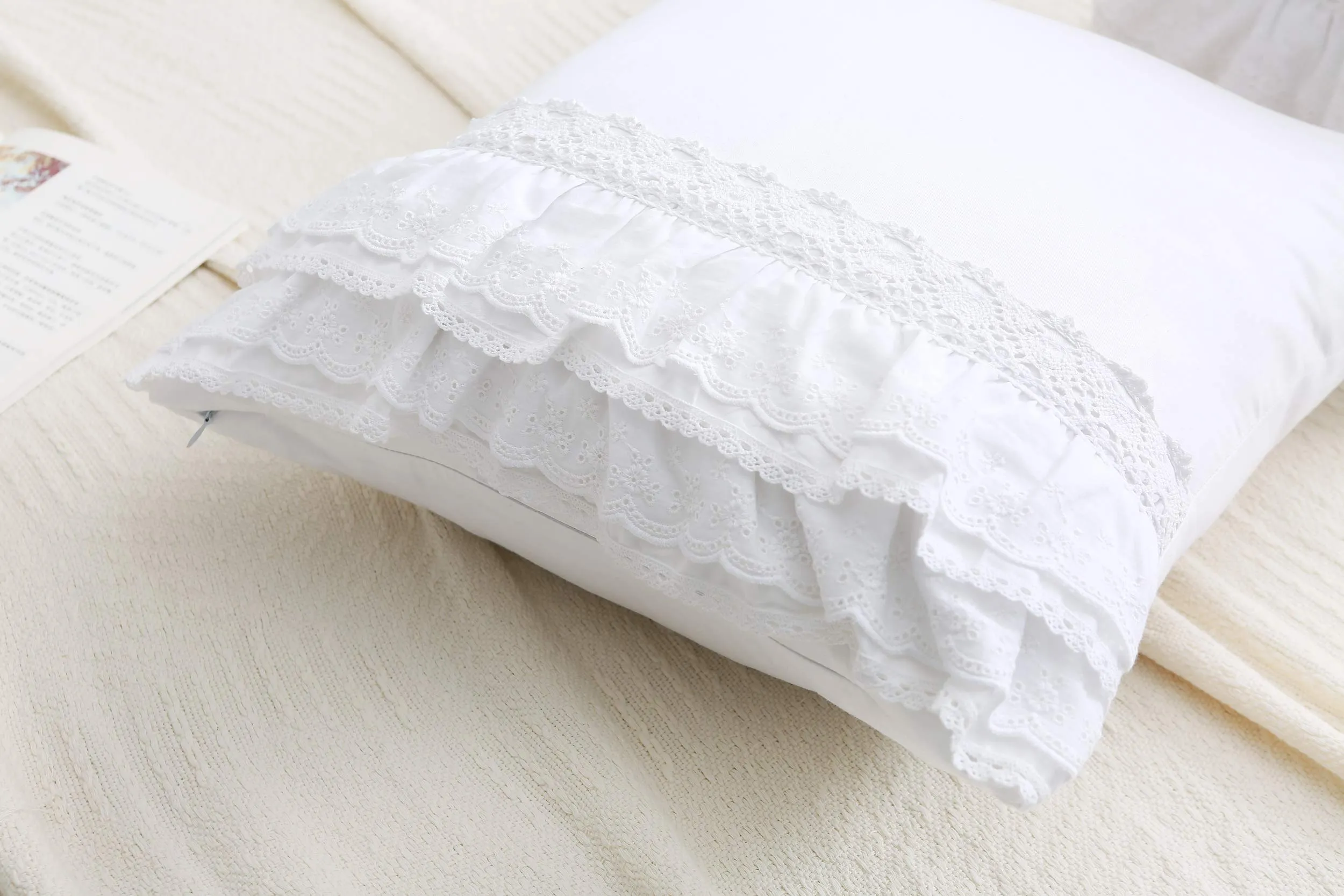 White Luxury Elegant Lace Bed Flat Sheet with Ruffles Bed Top Sheet King or California King Size 100% Cotton 1 Piece