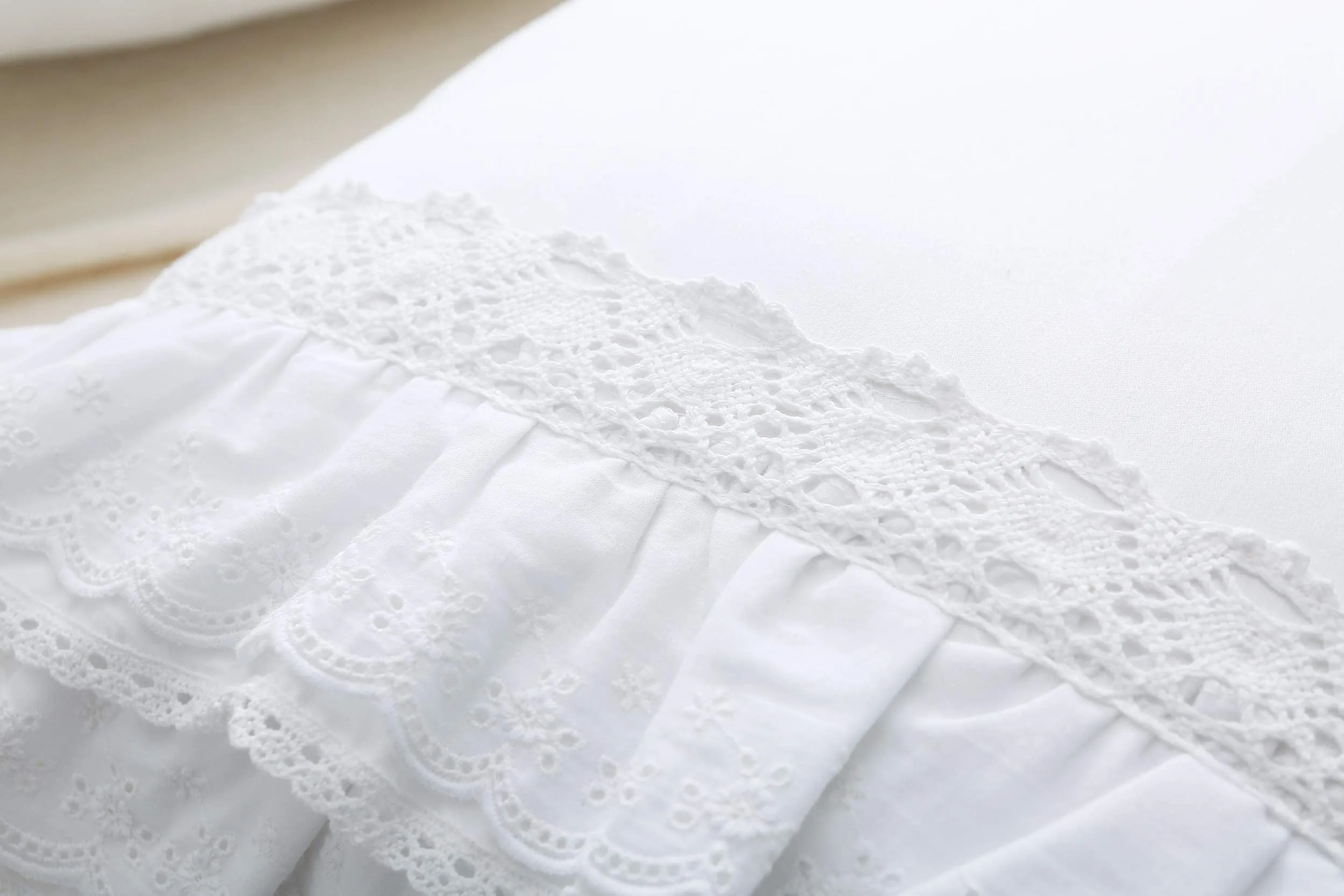 White Luxury Elegant Lace Bed Flat Sheet with Ruffles Bed Top Sheet King or California King Size 100% Cotton 1 Piece