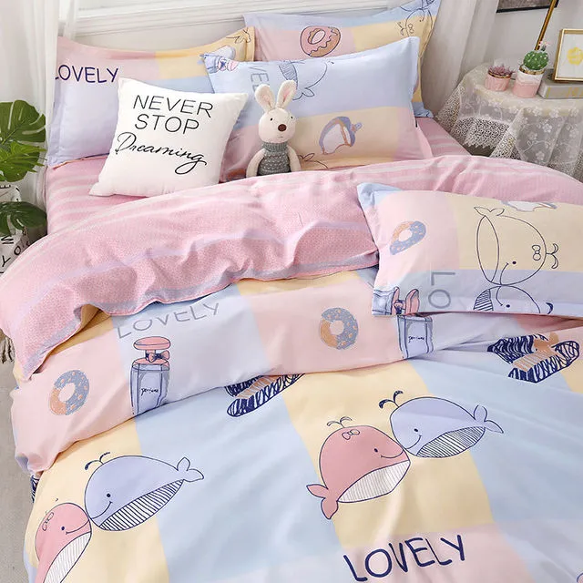 Yeknu Bedding Set Boy Girl Bed Sheet Quilt Cover Pillowcase Single Bed Double Bed Queen Bed Quilt Cover Washed Cotton Bedclothes