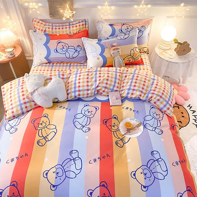 Yeknu Bedding Set Boy Girl Bed Sheet Quilt Cover Pillowcase Single Bed Double Bed Queen Bed Quilt Cover Washed Cotton Bedclothes