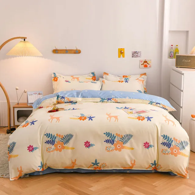 Yeknu Bedding Set Boy Girl Bed Sheet Quilt Cover Pillowcase Single Bed Double Bed Queen Bed Quilt Cover Washed Cotton Bedclothes